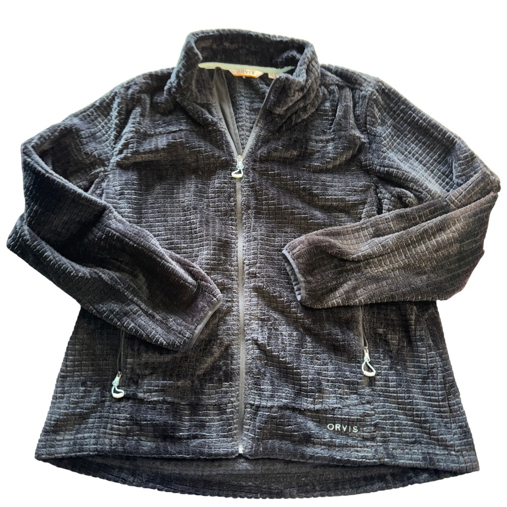 Orvis Fleece Jacket XL Charcoal Grey Textured Grid Full Zip Mock Neck Mock Neck